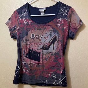 Y2K Vintage Suzie Petite Women's 'Day Of Shopping' Rhinestone Baby Tee Size PL